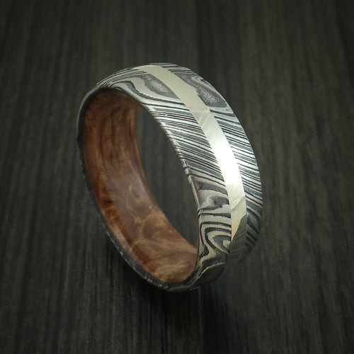 Sovereign XI - Woodgrain Kuro Damascus Steel Men's Wedding Ring with 14K White Gold Inlay and Maple Burl Hardwood Sleeve Band - Nura Lab