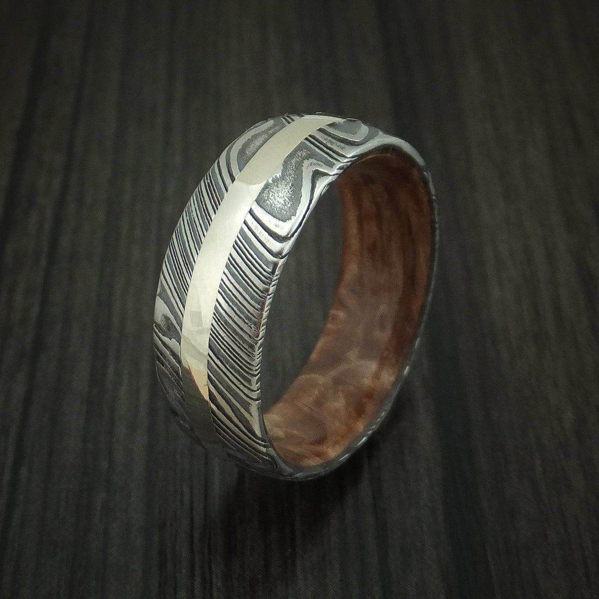 Sovereign XI - Woodgrain Kuro Damascus Steel Men's Wedding Ring with 14K White Gold Inlay and Maple Burl Hardwood Sleeve Band - view 3 - Nura Lab