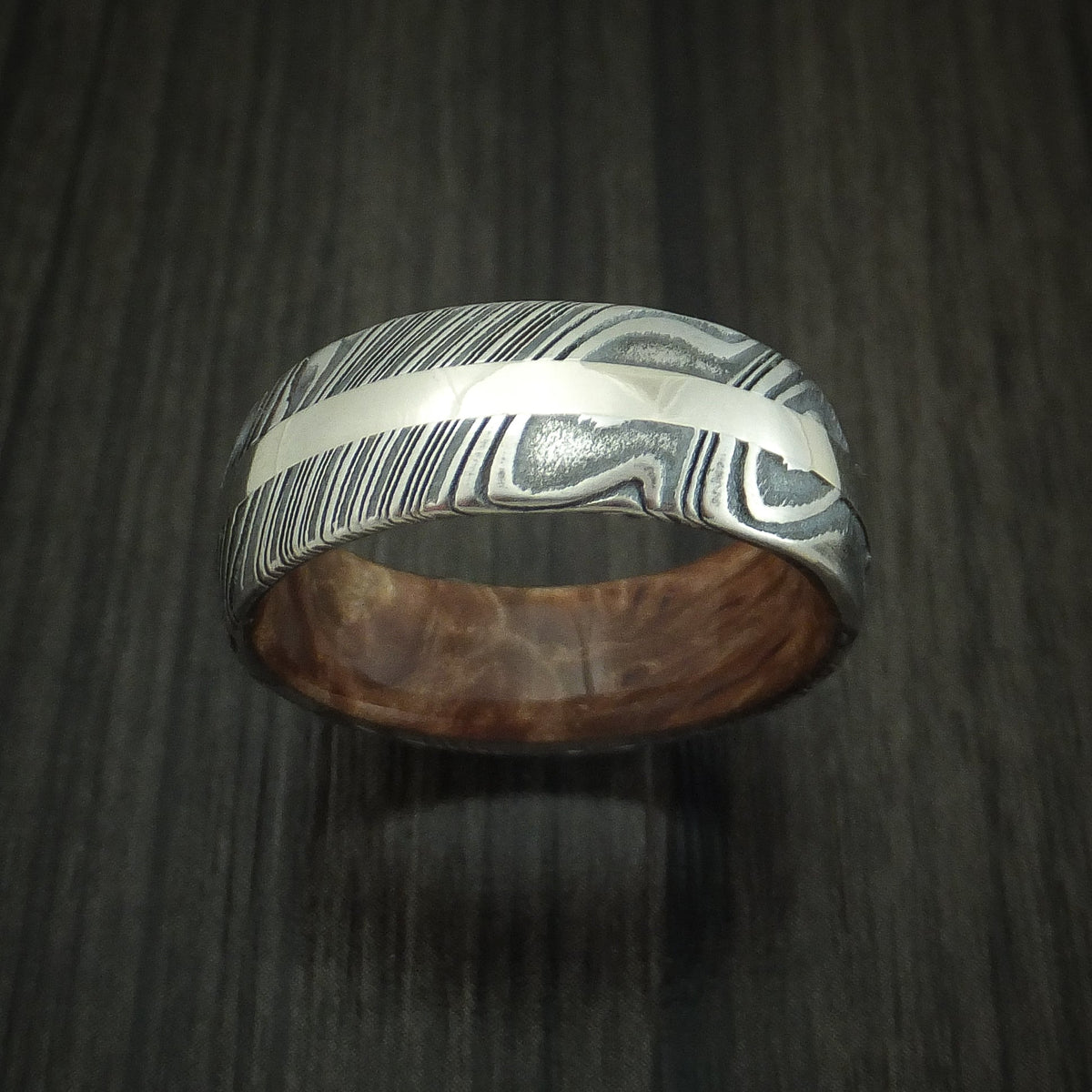 Sovereign XI - Woodgrain Kuro Damascus Steel Men's Wedding Ring with 14K White Gold Inlay and Maple Burl Hardwood Sleeve Band - view 2 - Nura Lab