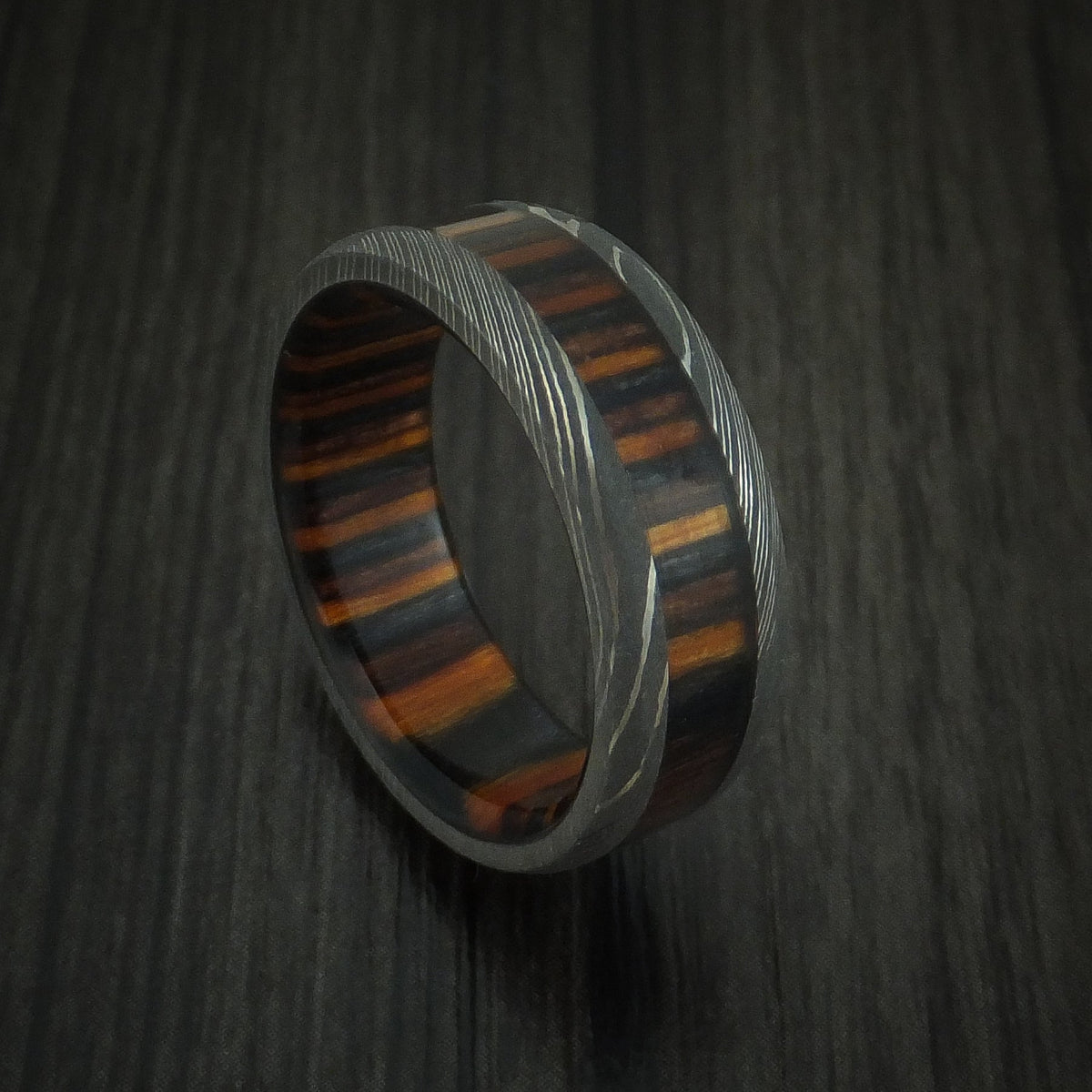 Steel XI - Damascus Steel Men's Wedding Ring with Ember Wood Inlay and Sleeve Thick Band - Nura Lab