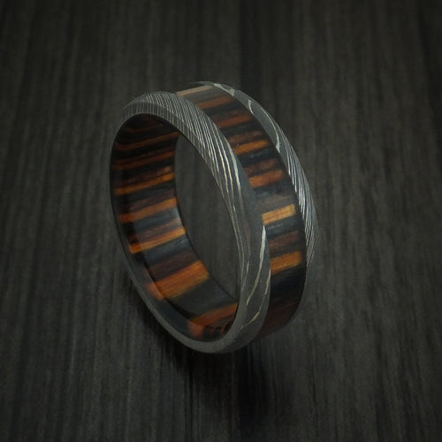 Steel XI - Damascus Steel Men's Wedding Ring with Ember Wood Inlay and Sleeve Thick Band - Nura Lab