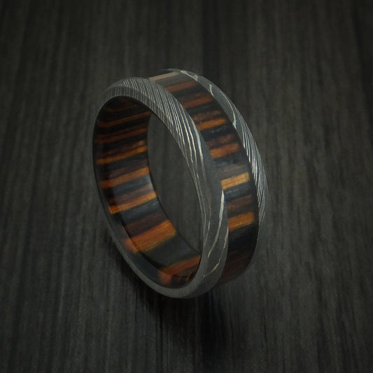 Steel XI - Damascus Steel Men's Wedding Ring with Ember Wood Inlay and Sleeve Thick Band - Nura Lab