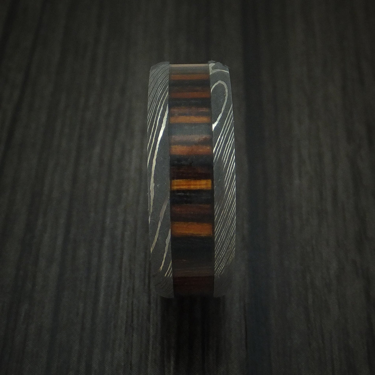 Steel XI - Damascus Steel Men's Wedding Ring with Ember Wood Inlay and Sleeve Thick Band - view 3 - Nura Lab