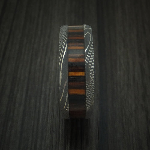 Steel XI - Damascus Steel Men's Wedding Ring with Ember Wood Inlay and Sleeve Thick Band - view 3 - Nura Lab