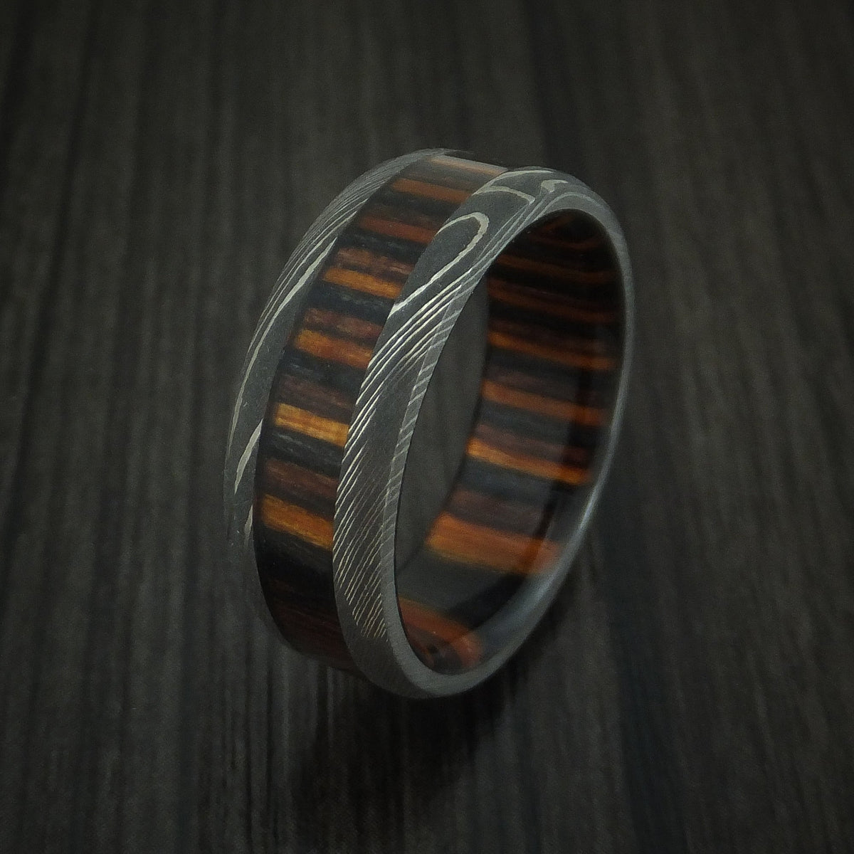 Steel XI - Damascus Steel Men's Wedding Ring with Ember Wood Inlay and Sleeve Thick Band - view 4 - Nura Lab