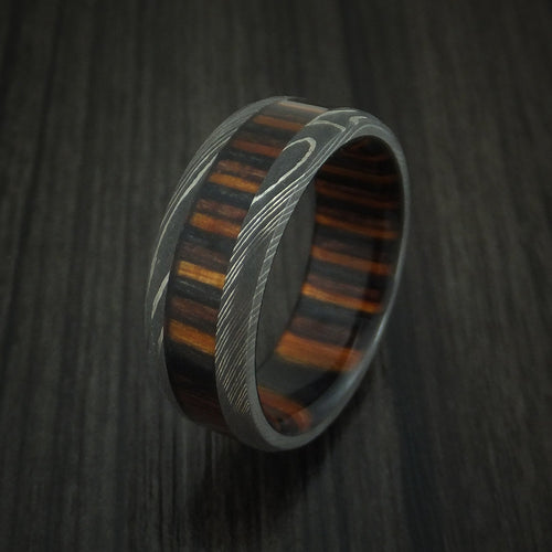 Steel XI - Damascus Steel Men's Wedding Ring with Ember Wood Inlay and Sleeve Thick Band - view 4 - Nura Lab