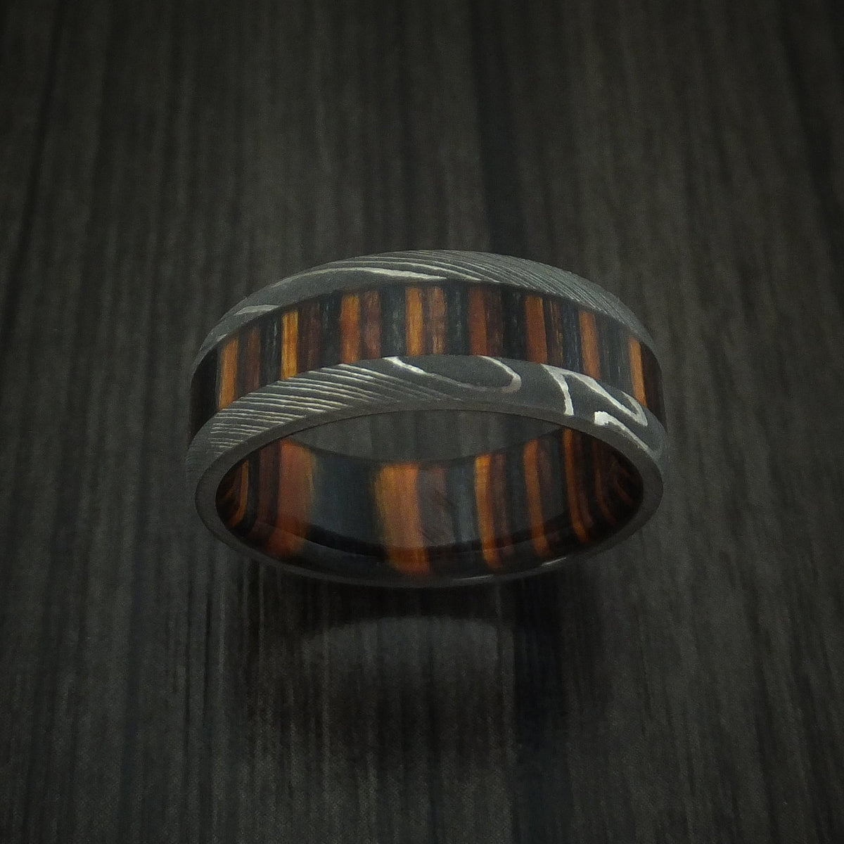 Steel XI - Damascus Steel Men's Wedding Ring with Ember Wood Inlay and Sleeve Thick Band - view 2 - Nura Lab