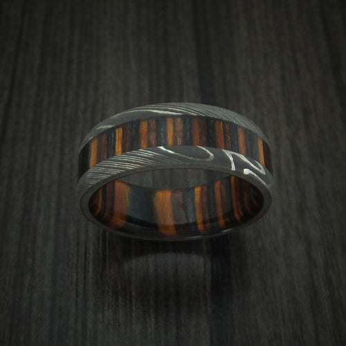 Steel XI - Damascus Steel Men's Wedding Ring with Ember Wood Inlay and Sleeve Thick Band - view 2 - Nura Lab