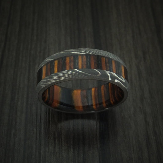 Steel XI - Damascus Steel Men's Wedding Ring with Ember Wood Inlay and Sleeve Thick Band - view 2 - Nura Lab