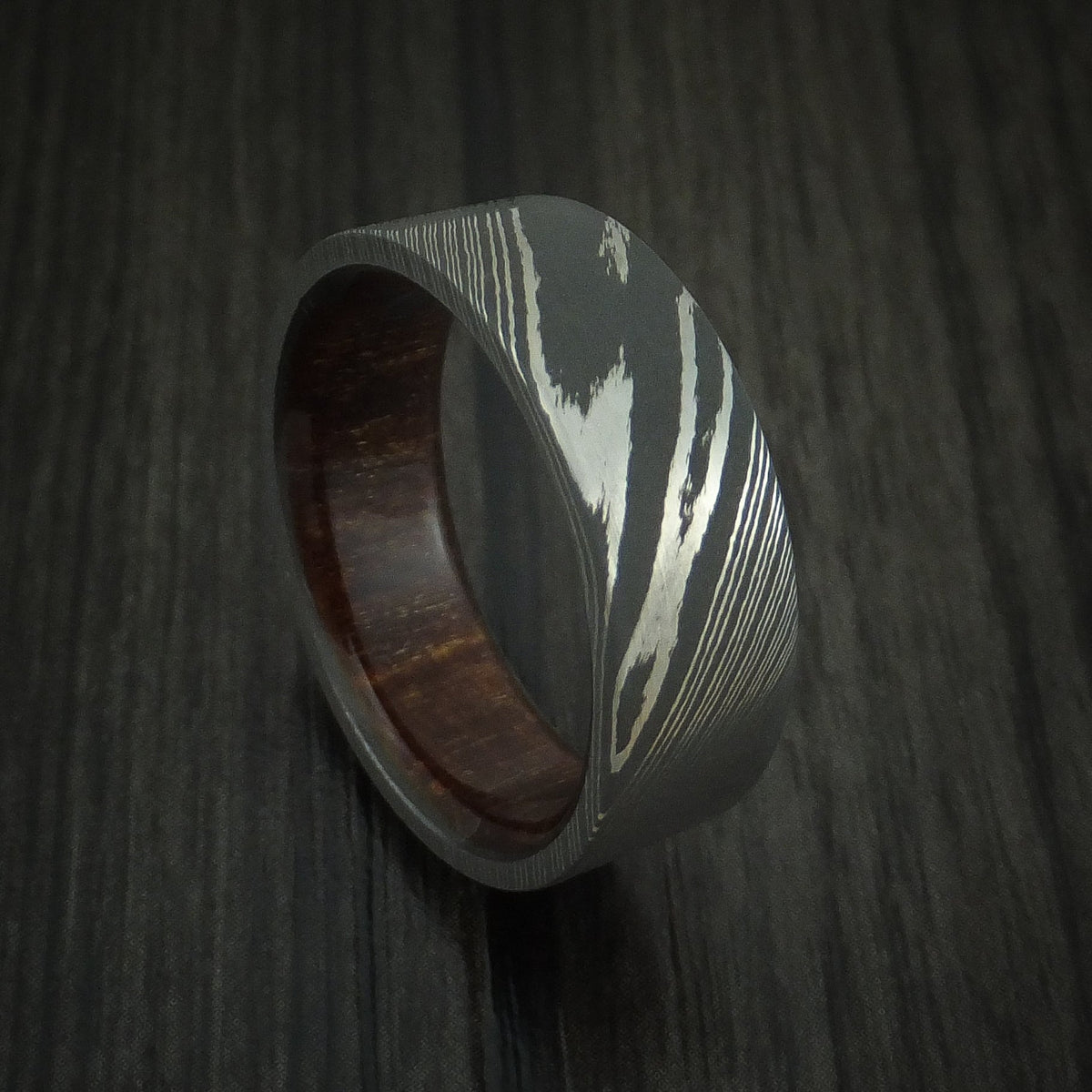 Admiral X - Damascus Steel Men's Wedding Ring with Hardwood Interior Sleeve - Nura Lab