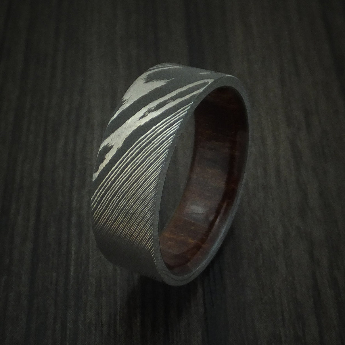 Admiral X - Damascus Steel Men's Wedding Ring with Hardwood Interior Sleeve - view 4 - Nura Lab