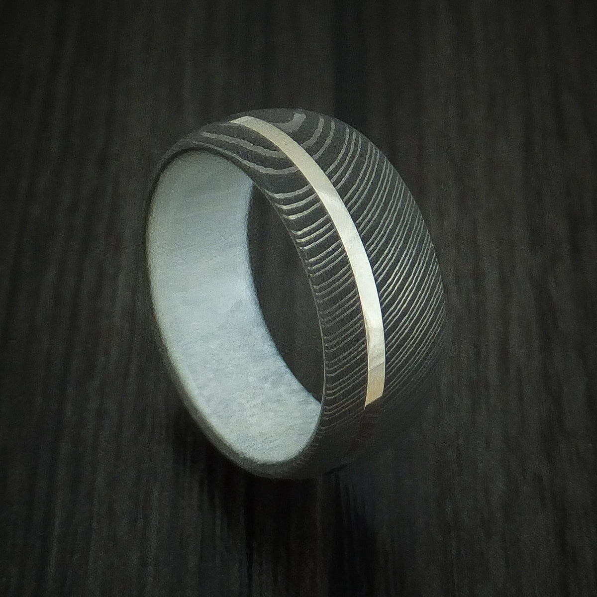 Captain X - Damascus Steel Men's Wedding Ring with 14k White Gold and Antler Sleeve - Nura Lab