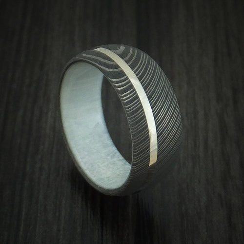 Captain X - Damascus Steel Men's Wedding Ring with 14k White Gold and Antler Sleeve - Nura Lab