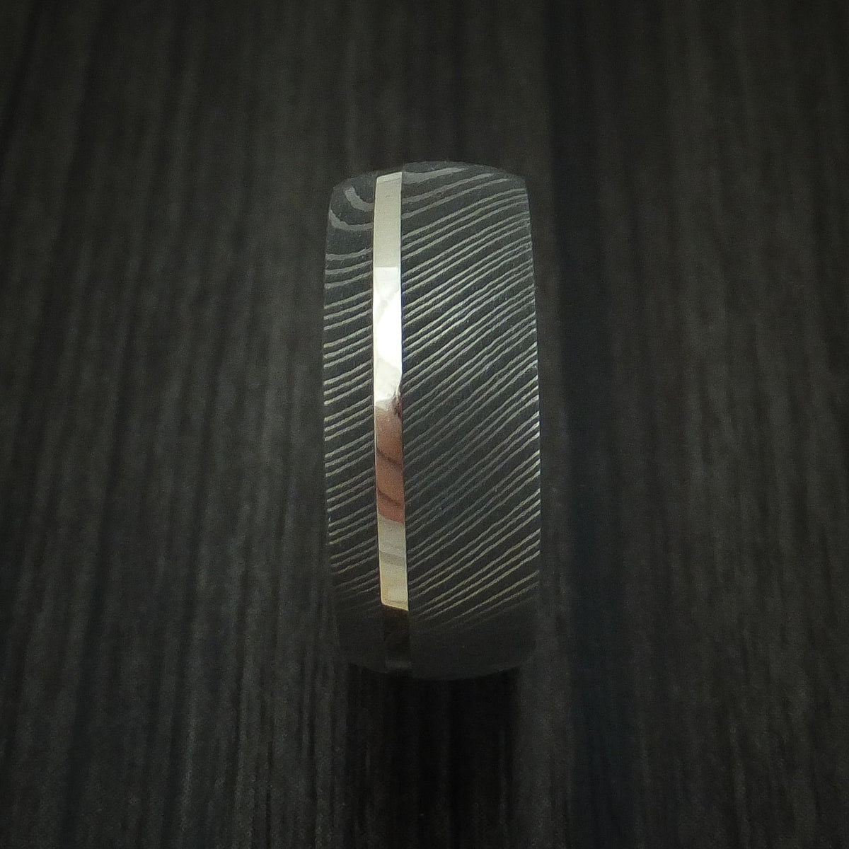 Captain X - Damascus Steel Men's Wedding Ring with 14k White Gold and Antler Sleeve - view 3 - Nura Lab