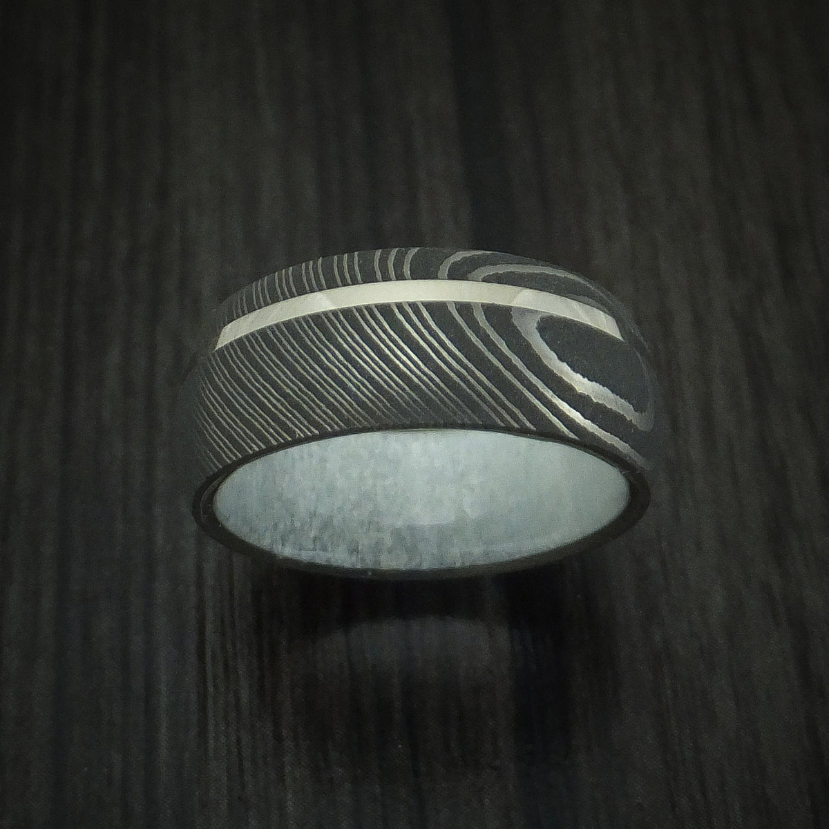 Captain X - Damascus Steel Men's Wedding Ring with 14k White Gold and Antler Sleeve - view 2 - Nura Lab