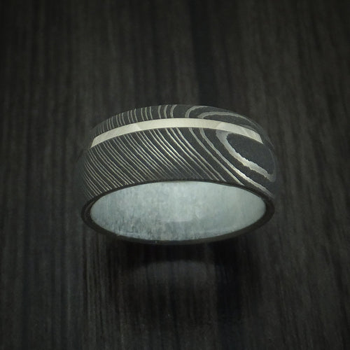 Captain X - Damascus Steel Men's Wedding Ring with 14k White Gold and Antler Sleeve - view 2 - Nura Lab