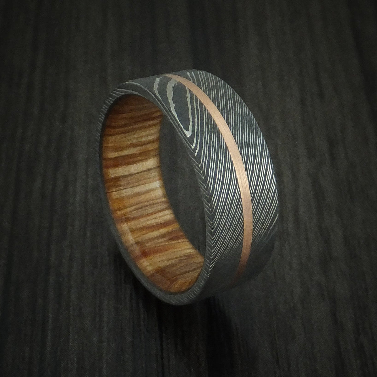 Outrider XI - Damascus Steel Men's Wedding Ring with 14k Rose Gold and Teak Hardwood Sleeve - Nura Lab