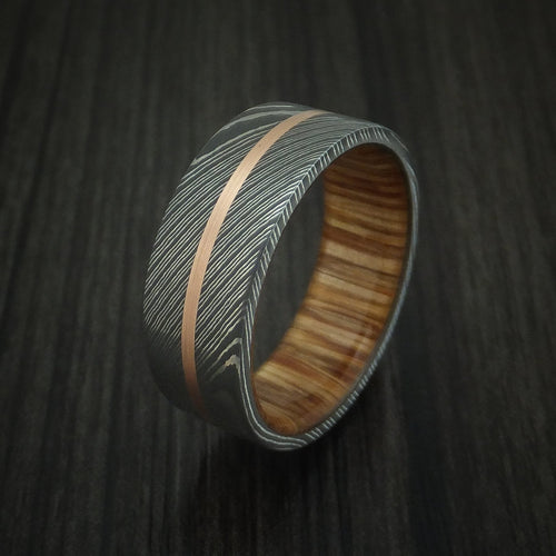 Outrider XI - Damascus Steel Men's Wedding Ring with 14k Rose Gold and Teak Hardwood Sleeve - view 4 - Nura Lab