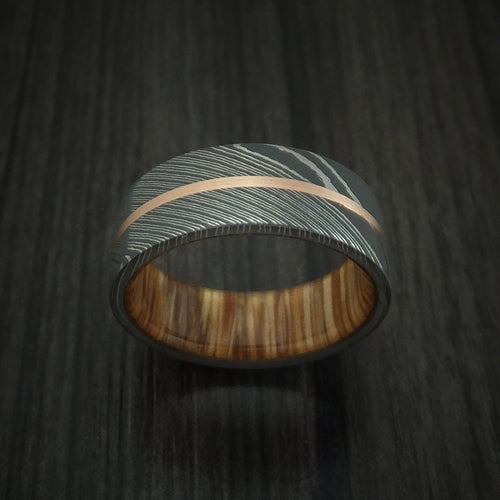 Outrider XI - Damascus Steel Men's Wedding Ring with 14k Rose Gold and Teak Hardwood Sleeve - view 2 - Nura Lab
