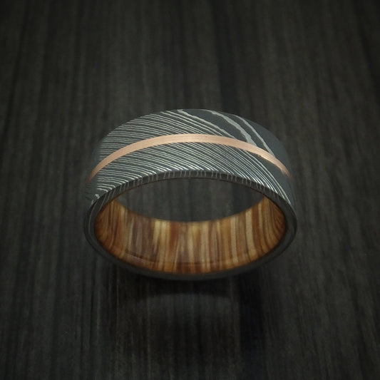 Outrider XI - Damascus Steel Men's Wedding Ring with 14k Rose Gold and Teak Hardwood Sleeve - view 2 - Nura Lab