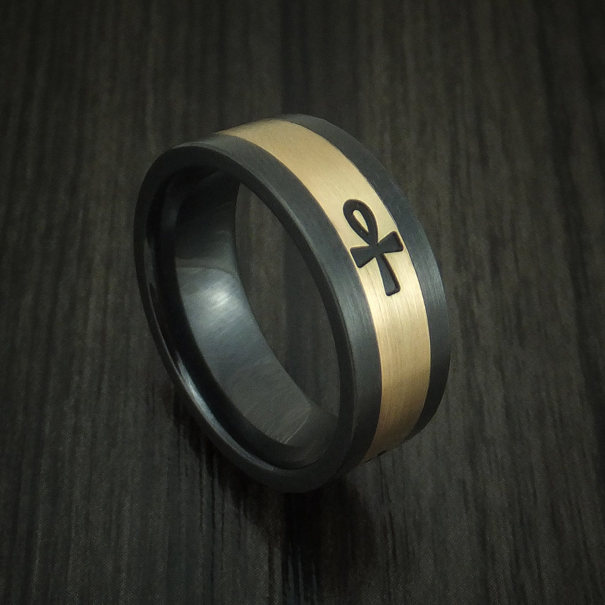Ridge XVIII - Black Zirconium and 14K Yellow Gold with Egyptian Ankh Men's Wedding Ring - Nura Lab