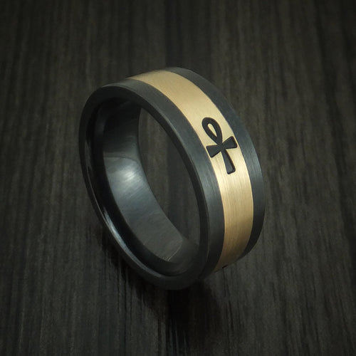 Ridge XVIII - Black Zirconium and 14K Yellow Gold with Egyptian Ankh Men's Wedding Ring - Nura Lab