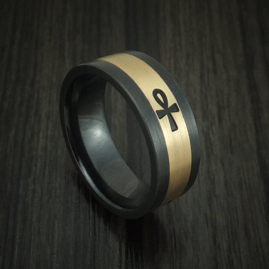 Ridge XVIII - Black Zirconium and 14K Yellow Gold with Egyptian Ankh Men's Wedding Ring - Nura Lab