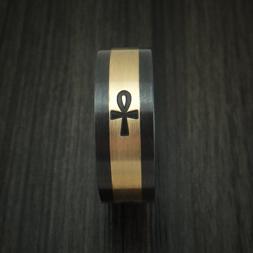 Ridge XVIII - Black Zirconium and 14K Yellow Gold with Egyptian Ankh Men's Wedding Ring - view 3 - Nura Lab