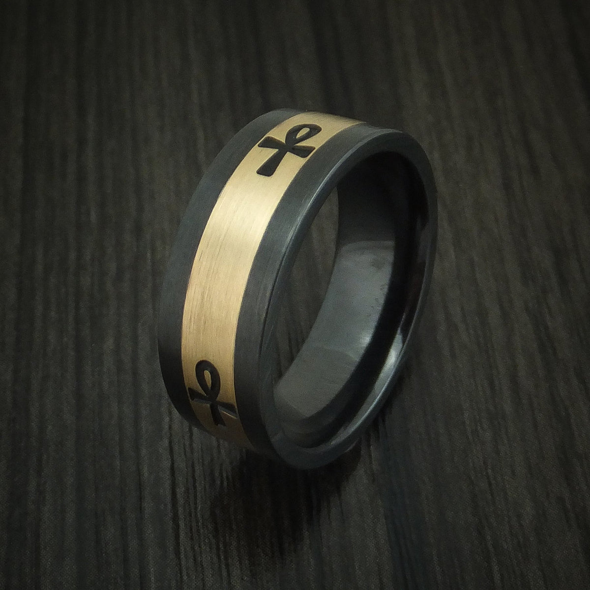 Ridge XVIII - Black Zirconium and 14K Yellow Gold with Egyptian Ankh Men's Wedding Ring - view 4 - Nura Lab