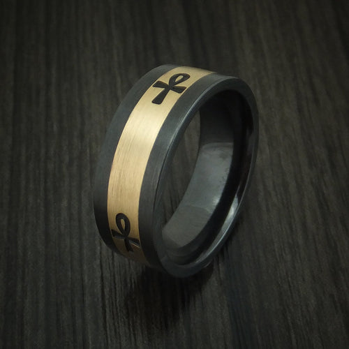 Ridge XVIII - Black Zirconium and 14K Yellow Gold with Egyptian Ankh Men's Wedding Ring - view 4 - Nura Lab