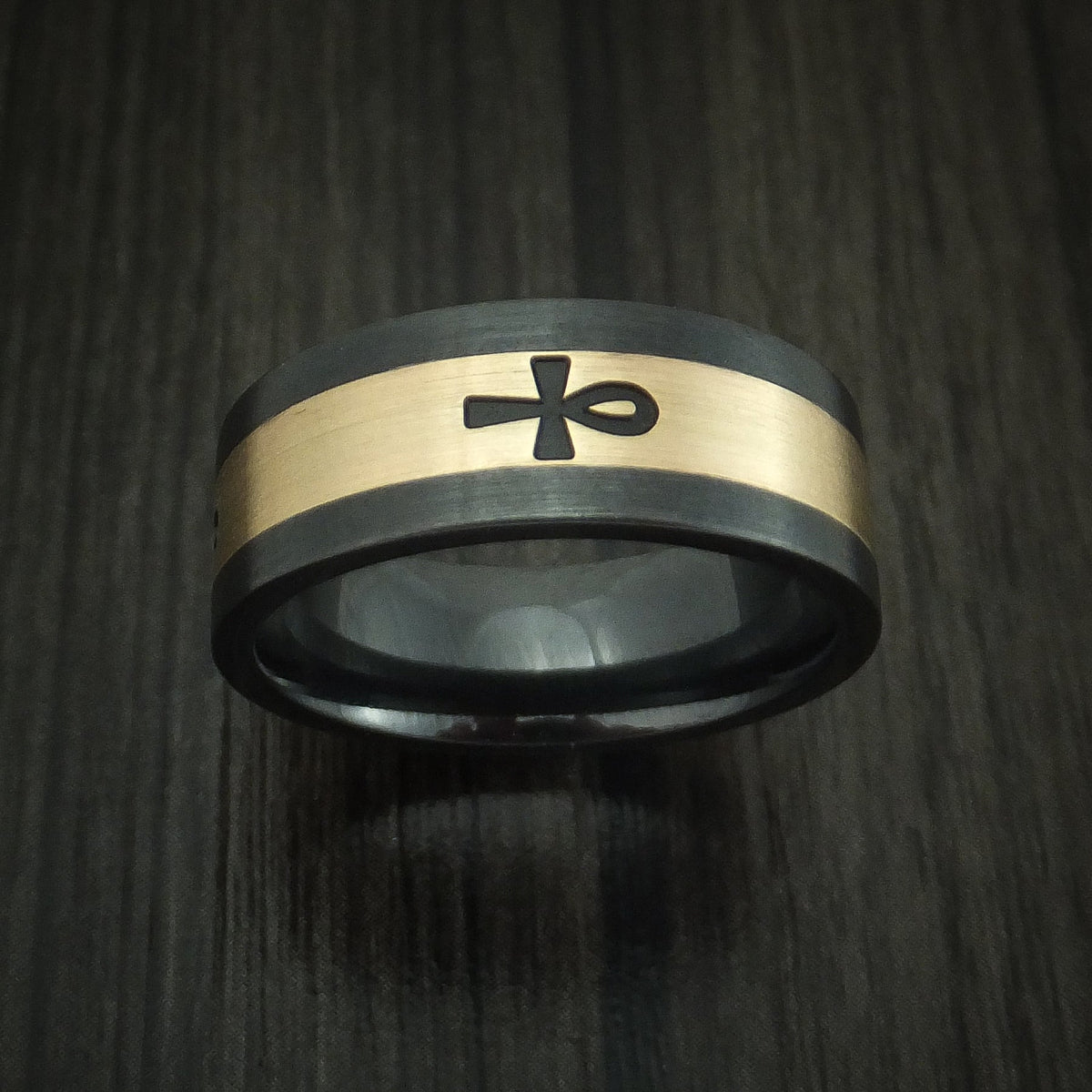 Ridge XVIII - Black Zirconium and 14K Yellow Gold with Egyptian Ankh Men's Wedding Ring - view 2 - Nura Lab