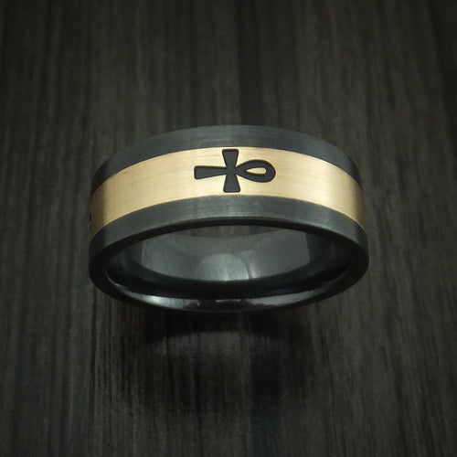 Ridge XVIII - Black Zirconium and 14K Yellow Gold with Egyptian Ankh Men's Wedding Ring - view 2 - Nura Lab
