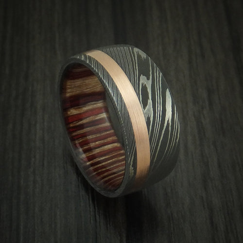 Navigator X - Damascus Steel Men's Wedding Ring with 14k Rose Gold and English Oak Wood Sleeve - Nura Lab