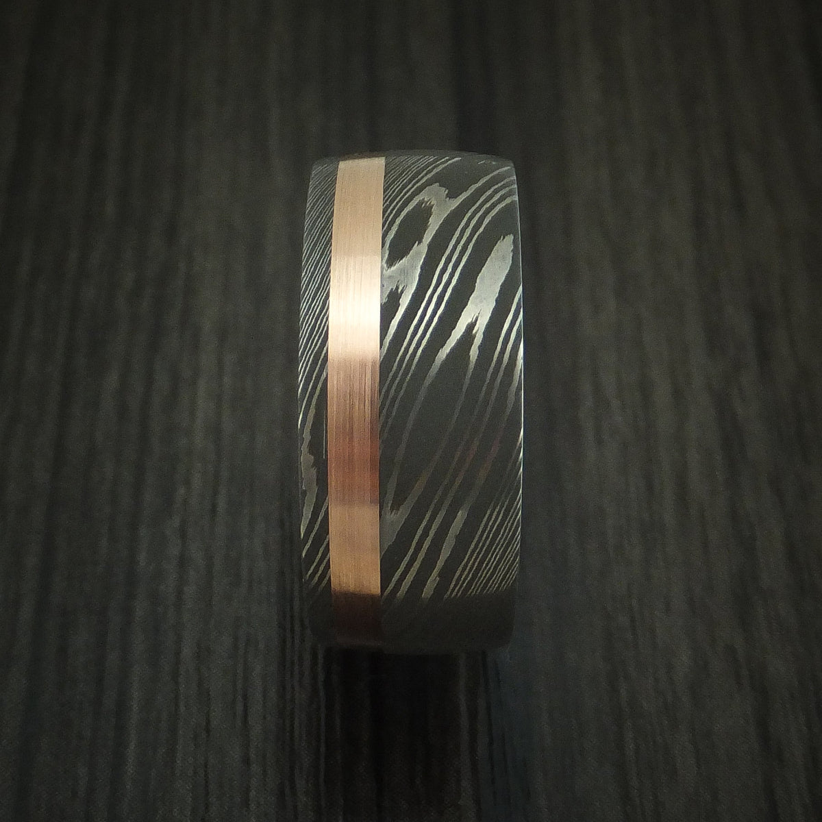 Navigator X - Damascus Steel Men's Wedding Ring with 14k Rose Gold and English Oak Wood Sleeve - view 3 - Nura Lab