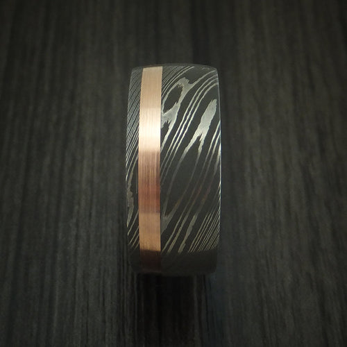 Navigator X - Damascus Steel Men's Wedding Ring with 14k Rose Gold and English Oak Wood Sleeve - view 3 - Nura Lab