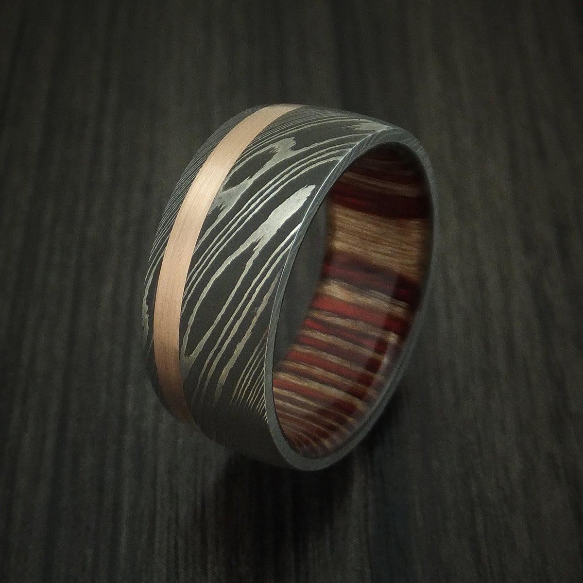 Navigator X - Damascus Steel Men's Wedding Ring with 14k Rose Gold and English Oak Wood Sleeve - view 4 - Nura Lab