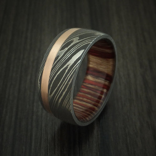 Navigator X - Damascus Steel Men's Wedding Ring with 14k Rose Gold and English Oak Wood Sleeve - view 4 - Nura Lab