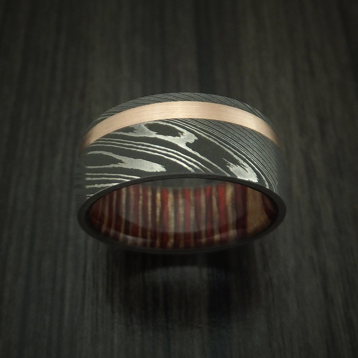 Navigator X - Damascus Steel Men's Wedding Ring with 14k Rose Gold and English Oak Wood Sleeve - view 2 - Nura Lab