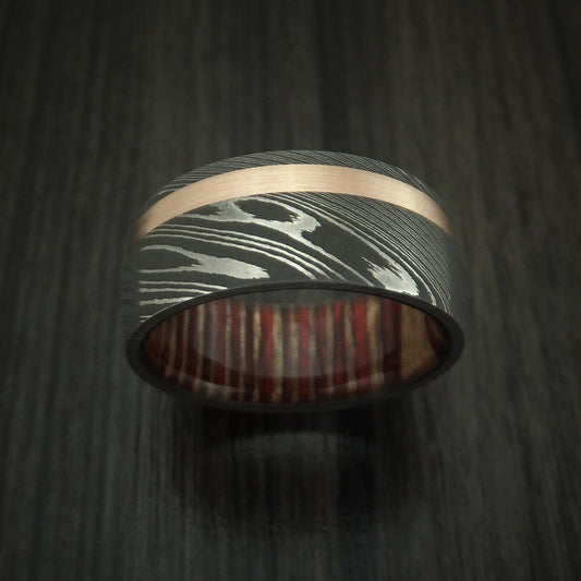 Navigator X - Damascus Steel Men's Wedding Ring with 14k Rose Gold and English Oak Wood Sleeve - view 2 - Nura Lab