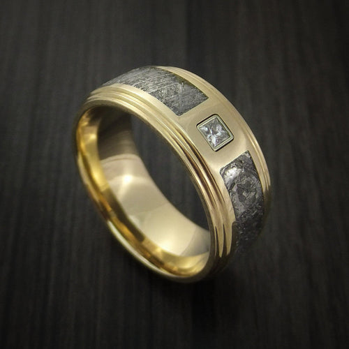 Cedar XVII - 14K Yellow Gold and Meteorite Men's Wedding Ring with Beautiful Diamond - Nura Lab