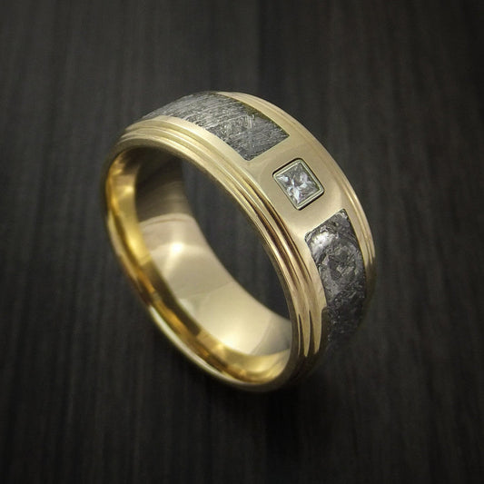 Cedar XVII - 14K Yellow Gold and Meteorite Men's Wedding Ring with Beautiful Diamond - Nura Lab