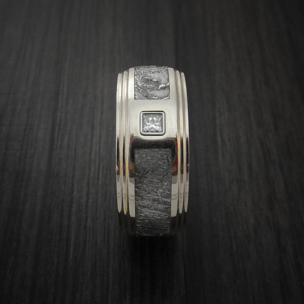 Wolf XVII - 14K White Gold and Meteorite Men's Wedding Ring with Beautiful Diamond - view 4 - Nura Lab
