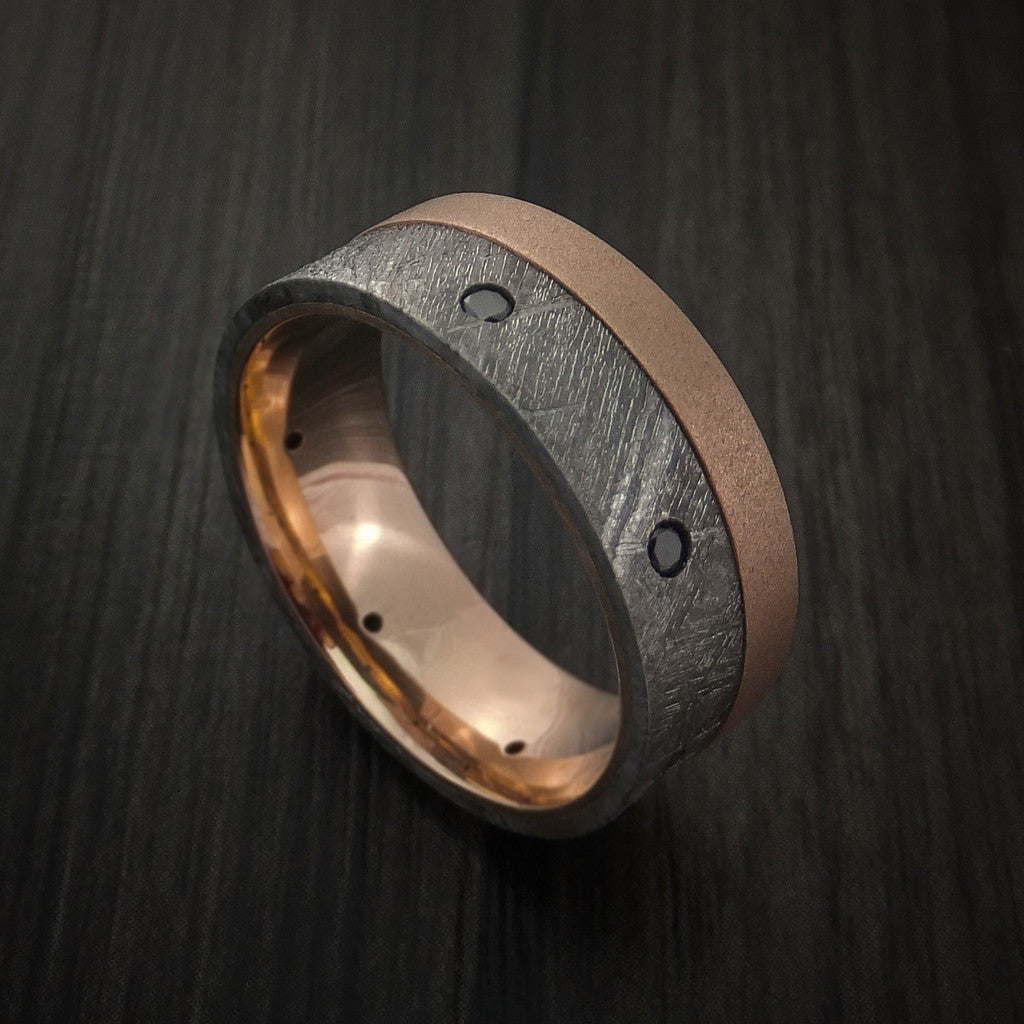 Leonidas XVII - Gibeon Meteorite and Rose Gold Men's Wedding Ring with Black Diamonds - Nura Lab