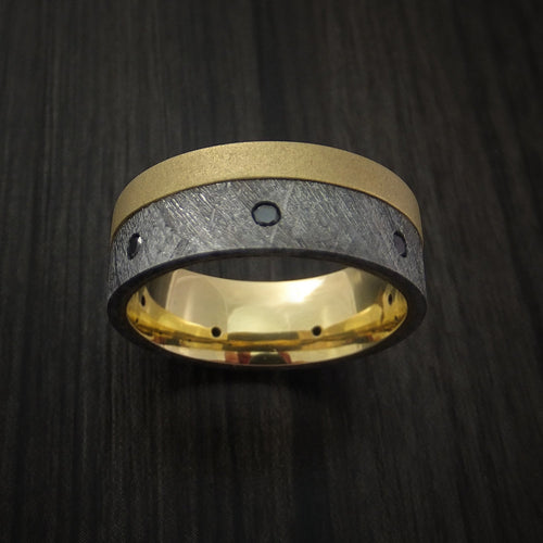 Ranger XVII - Gibeon Meteorite and Yellow Gold Men's Wedding Ring with Black Diamonds - view 2 - Nura Lab