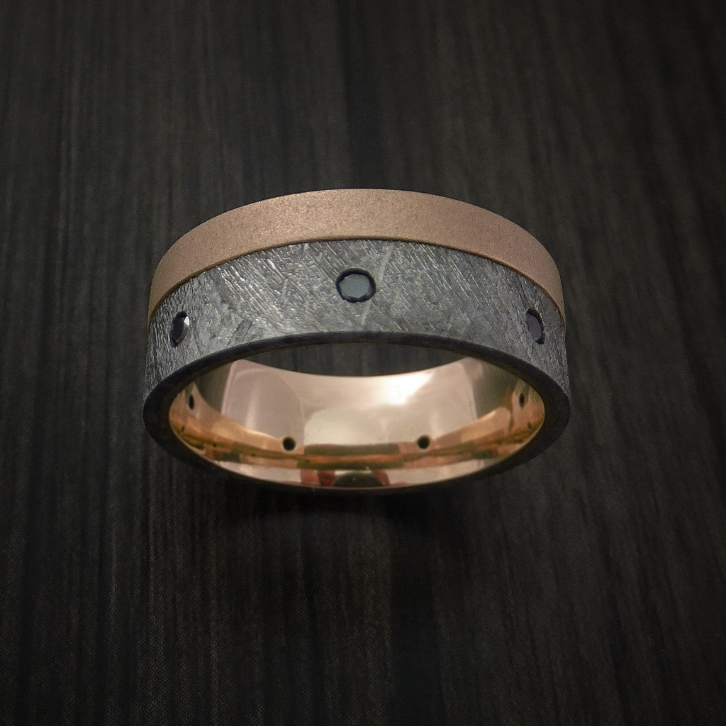 Leonidas XVII - Gibeon Meteorite and Rose Gold Men's Wedding Ring with Black Diamonds - view 2 - Nura Lab