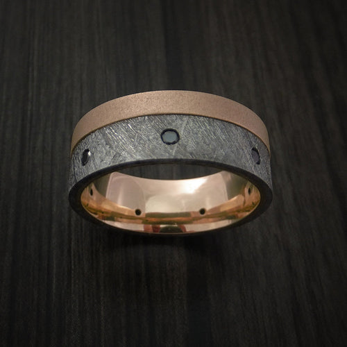 Leonidas XVII - Gibeon Meteorite and Rose Gold Men's Wedding Ring with Black Diamonds - view 2 - Nura Lab