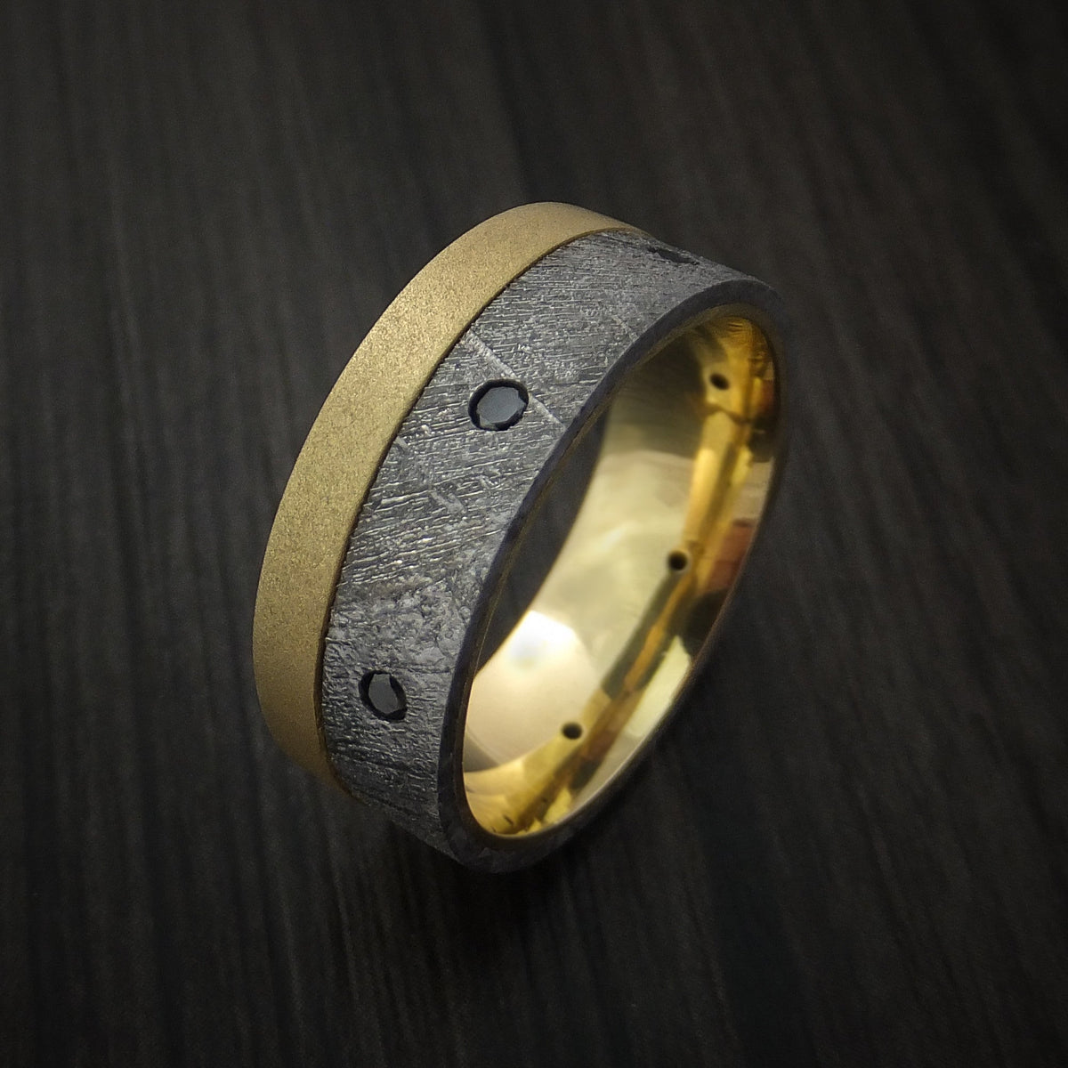 Ranger XVII - Gibeon Meteorite and Yellow Gold Men's Wedding Ring with Black Diamonds - view 3 - Nura Lab