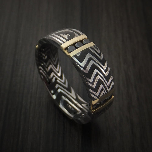 Hector XI - Zebra Damascus Steel Men's Wedding Ring with 14K Gold and Black Diamonds Band - Nura Lab