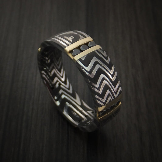 Hector XI - Zebra Damascus Steel Men's Wedding Ring with 14K Gold and Black Diamonds Band - Nura Lab