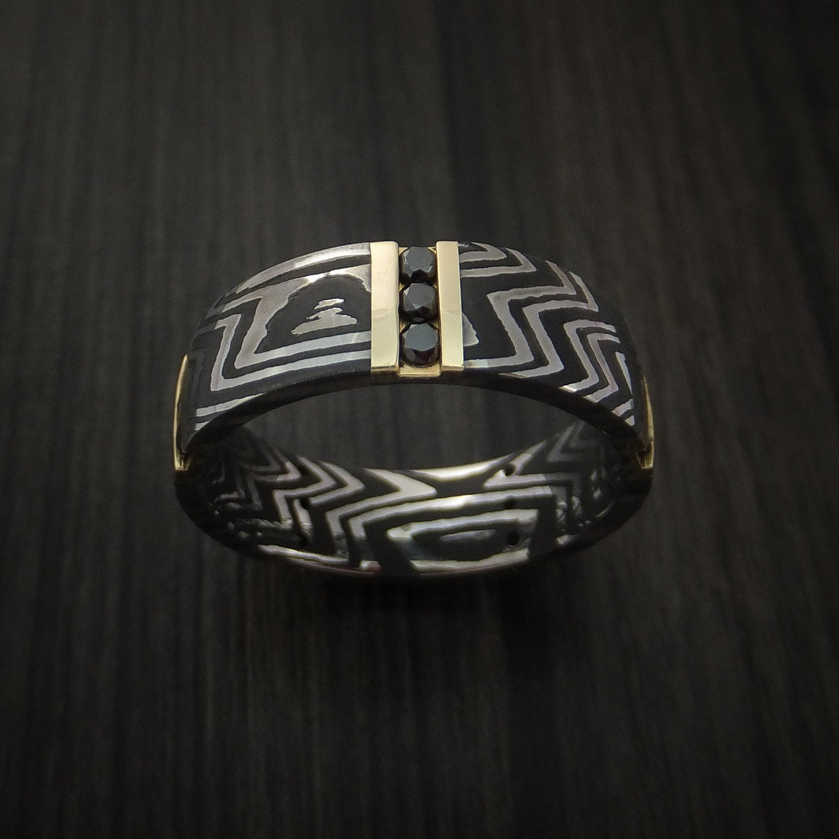 Hector XI - Zebra Damascus Steel Men's Wedding Ring with 14K Gold and Black Diamonds Band - view 2 - Nura Lab